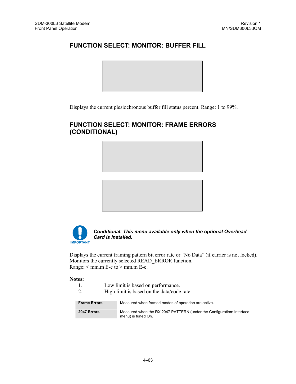 Function select: monitor: buffer fill, Buffer fill 50, Frame errors n.n e-e 2047 errors n.n e-e | Comtech EF Data SDM-300L3 User Manual | Page 131 / 408