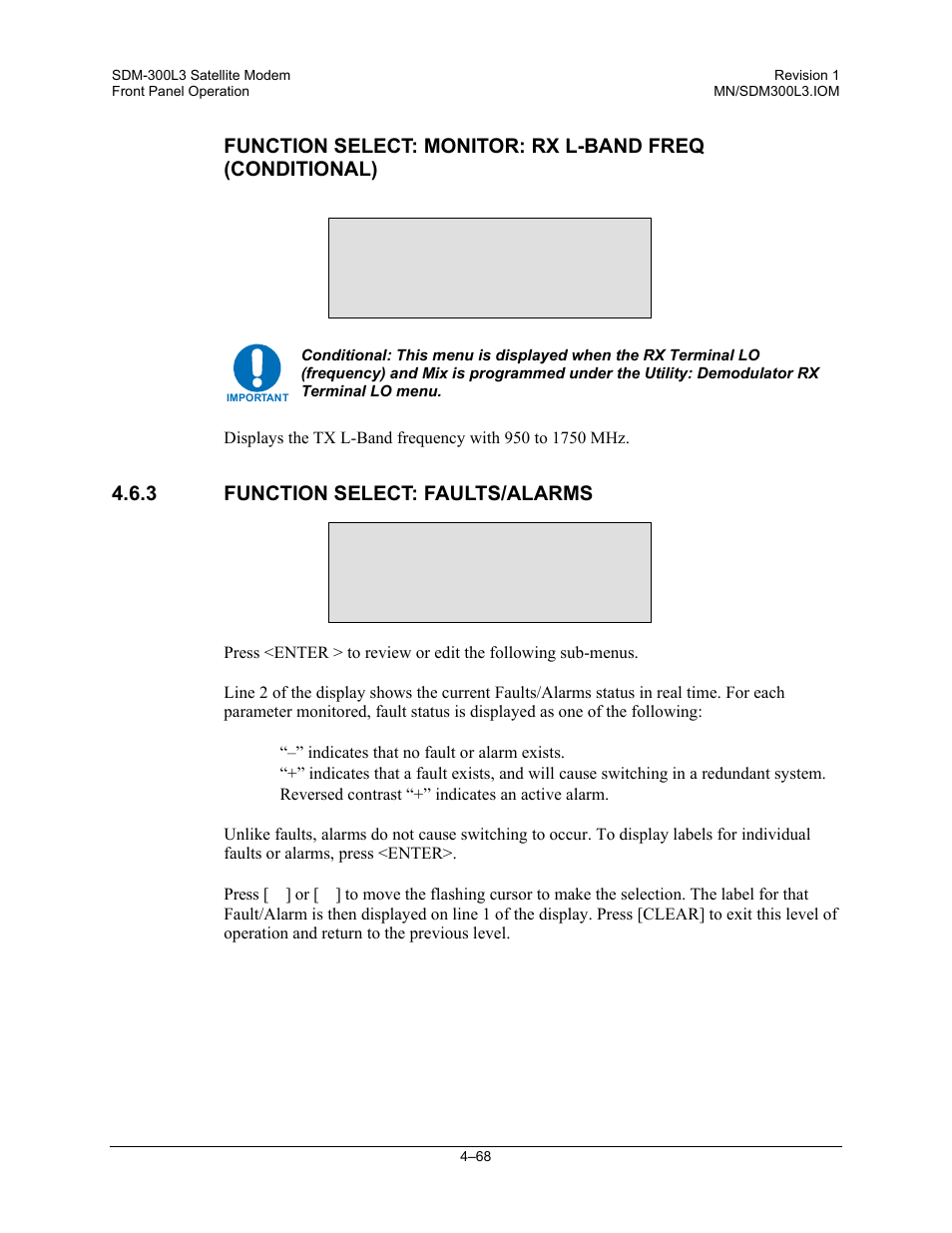 Function select: faults/alarms, Function select faults/alarms | Comtech EF Data SDM-300L3 User Manual | Page 136 / 408