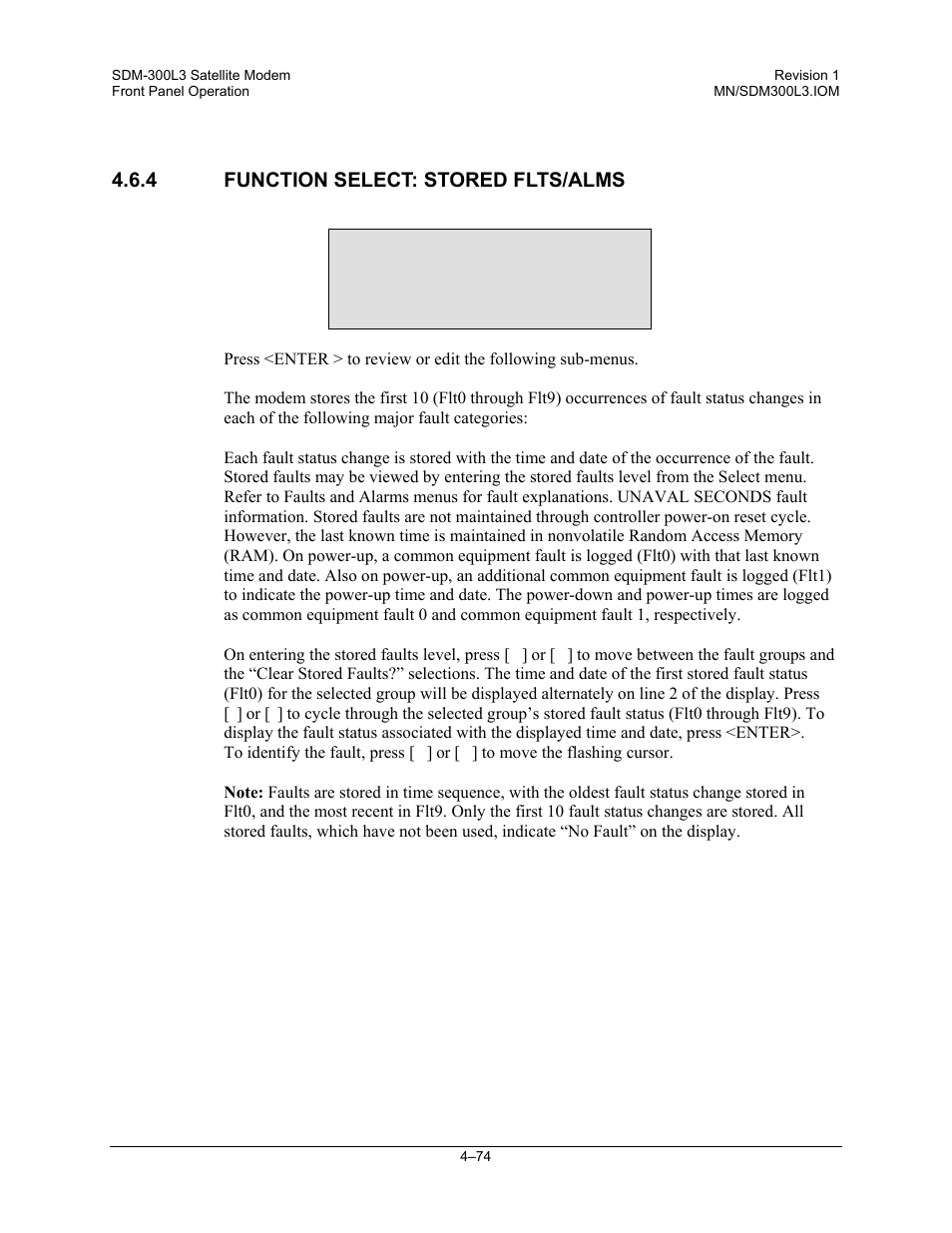 Function select: stored flts/alms, Function select stored flts/alms | Comtech EF Data SDM-300L3 User Manual | Page 142 / 408