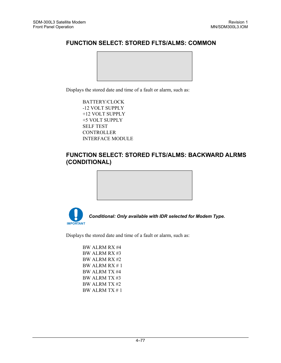 Function select: stored flts/alms: common | Comtech EF Data SDM-300L3 User Manual | Page 145 / 408