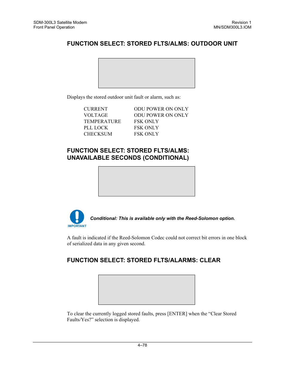 Function select: stored flts/alms: outdoor unit, Function select: stored flts/alarms: clear | Comtech EF Data SDM-300L3 User Manual | Page 146 / 408