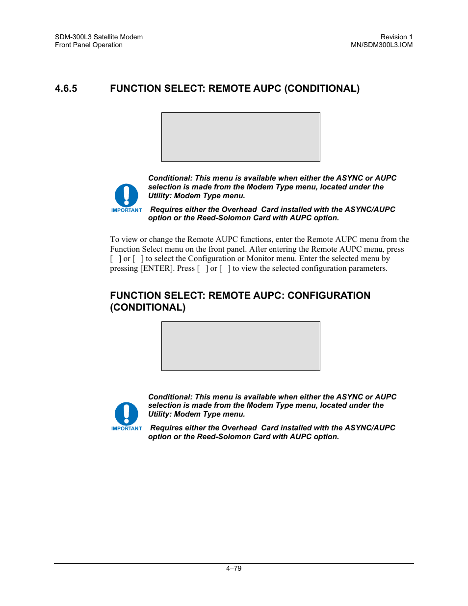 Function select: remote aupc (conditional), Function select remote aupc, Remote aupc configuration | Comtech EF Data SDM-300L3 User Manual | Page 147 / 408