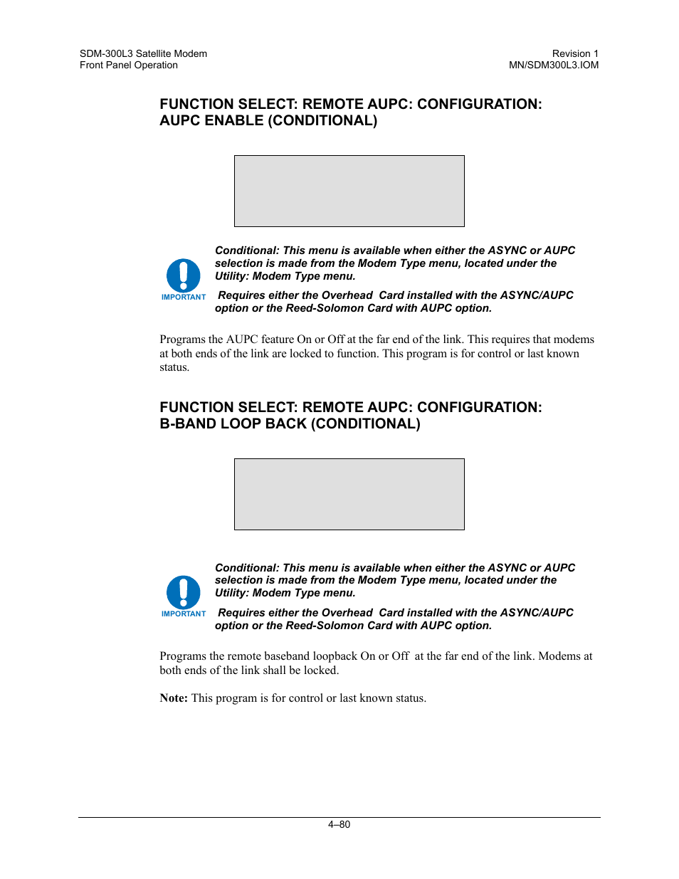 Aupc enable off, B-band loop back off | Comtech EF Data SDM-300L3 User Manual | Page 148 / 408