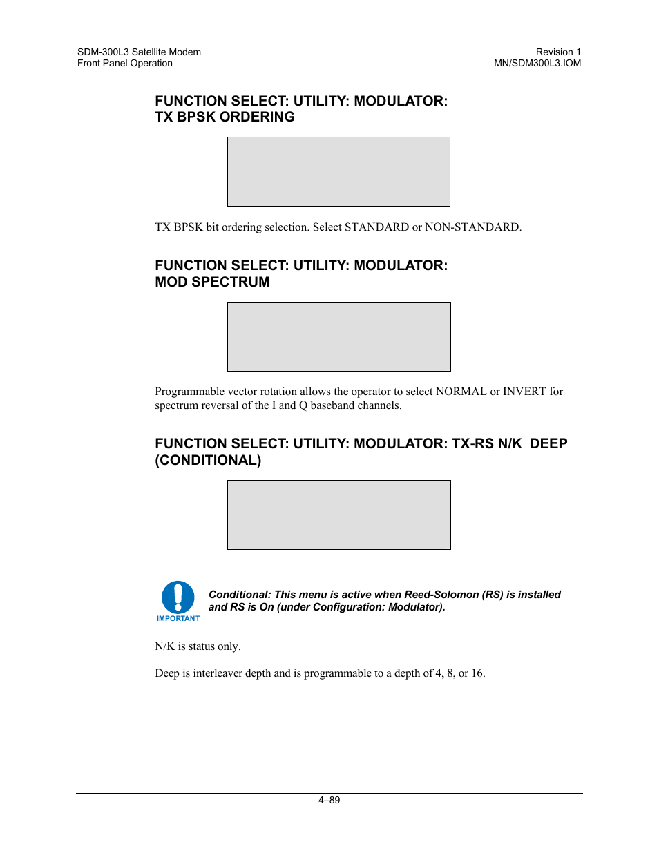 Function select: utility: modulator: mod spectrum | Comtech EF Data SDM-300L3 User Manual | Page 157 / 408