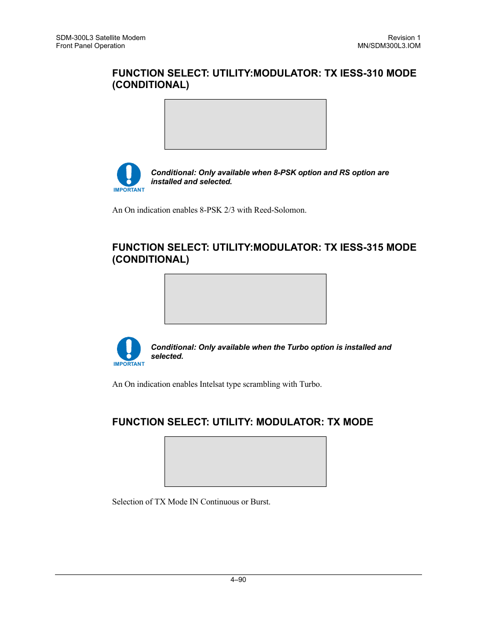 Function select: utility: modulator: tx mode | Comtech EF Data SDM-300L3 User Manual | Page 158 / 408