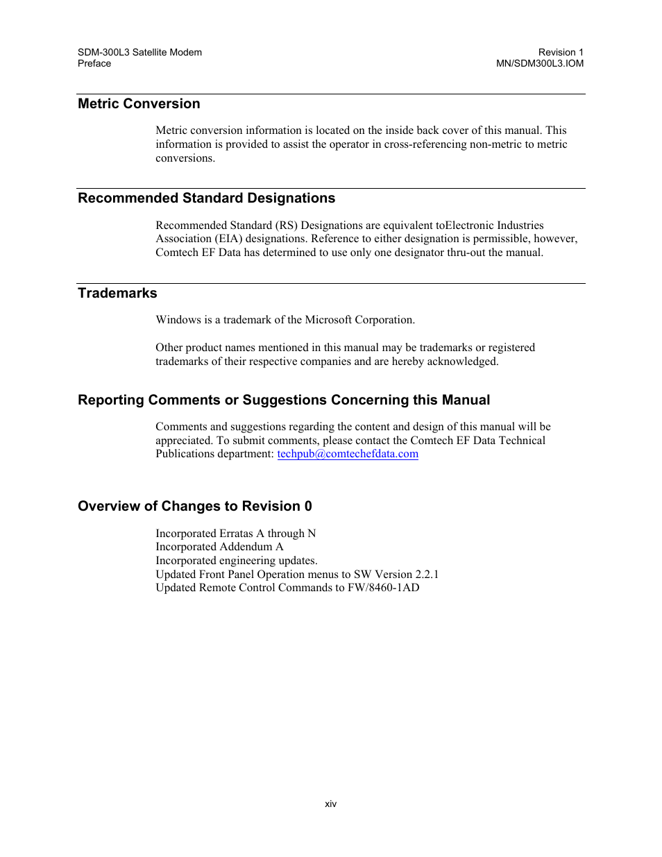 Metric conversion, Recommended standard designations, Trademarks | Overview of changes to revision 0 | Comtech EF Data SDM-300L3 User Manual | Page 16 / 408