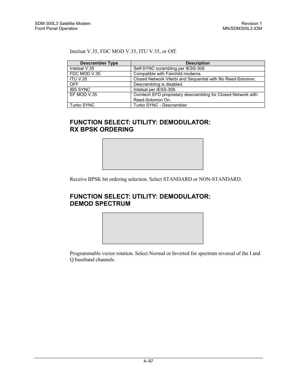 Rx bpsk oredering standard, Demod spectrum normal | Comtech EF Data SDM-300L3 User Manual | Page 165 / 408