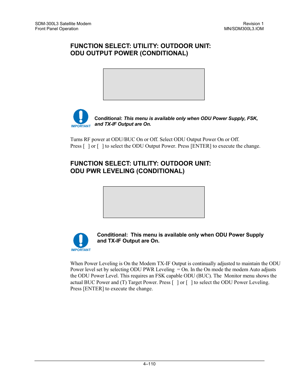 Odu output power off, Odu pwr leveling off | Comtech EF Data SDM-300L3 User Manual | Page 178 / 408