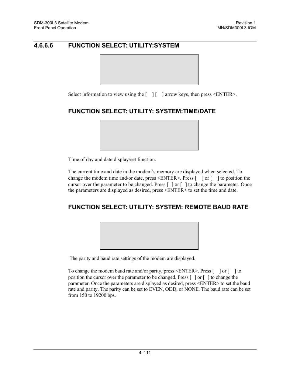 Function select: utility:system, Function select: utility: system:time/date, Function select: utility: system: remote baud rate | Comtech EF Data SDM-300L3 User Manual | Page 179 / 408