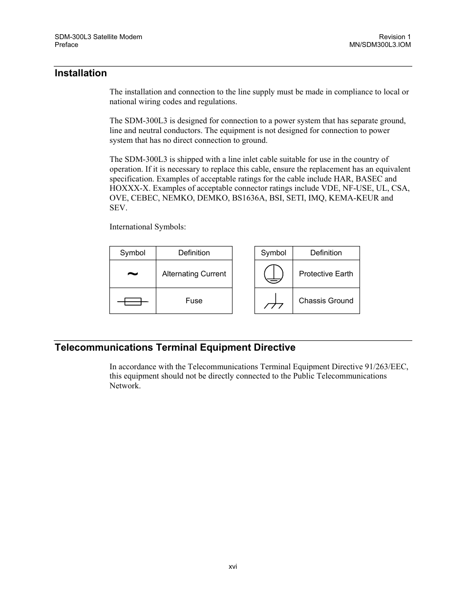 Installation, Telecommunications terminal equipment directive | Comtech EF Data SDM-300L3 User Manual | Page 18 / 408