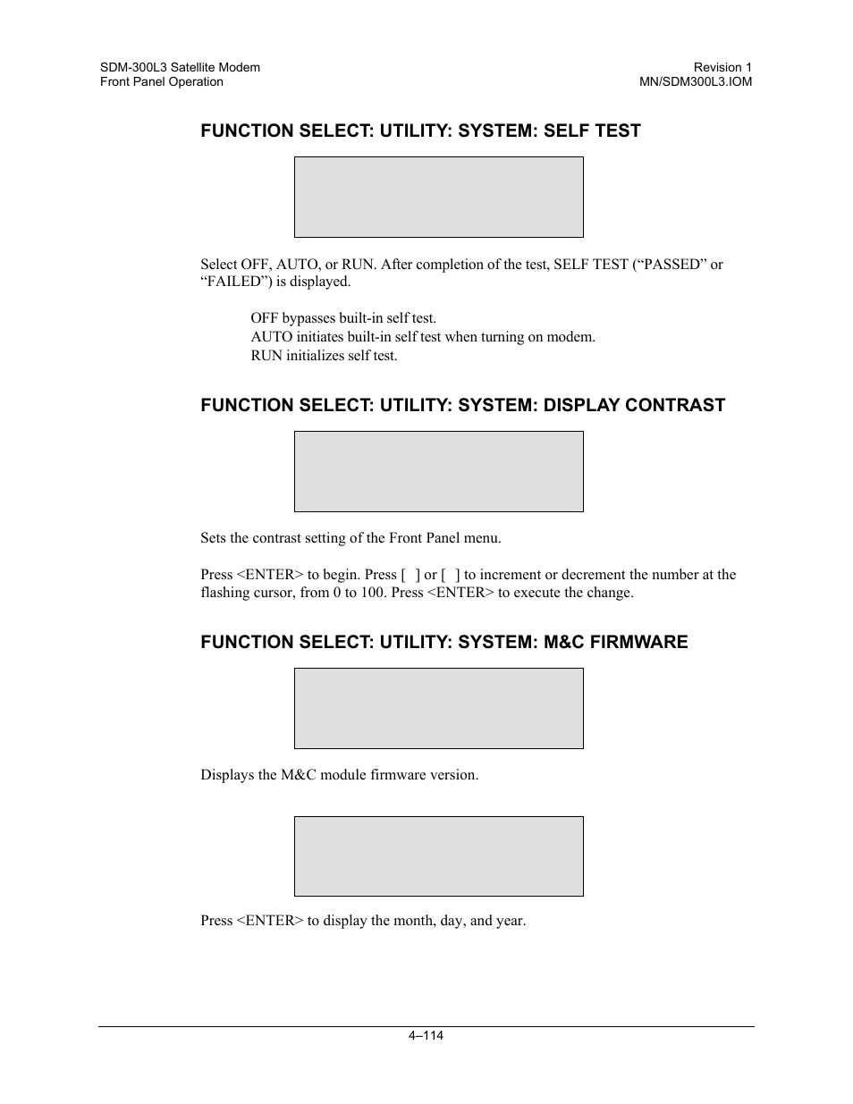 Function select: utility: system: self test, Function select: utility: system: display contrast, Function select: utility: system: m&c firmware | Comtech EF Data SDM-300L3 User Manual | Page 182 / 408