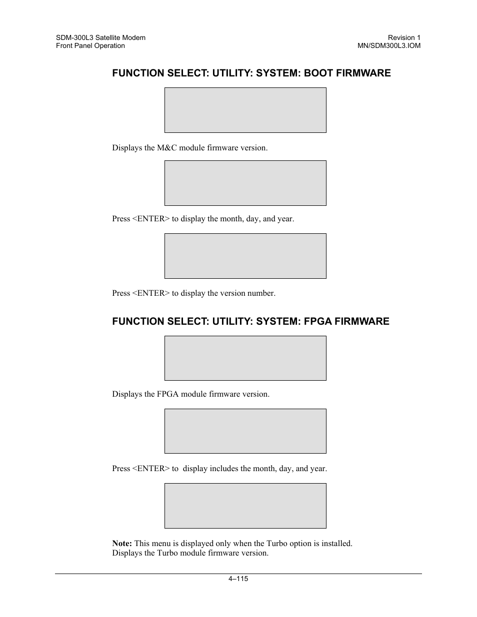 Function select: utility: system: boot firmware, Function select: utility: system: fpga firmware | Comtech EF Data SDM-300L3 User Manual | Page 183 / 408