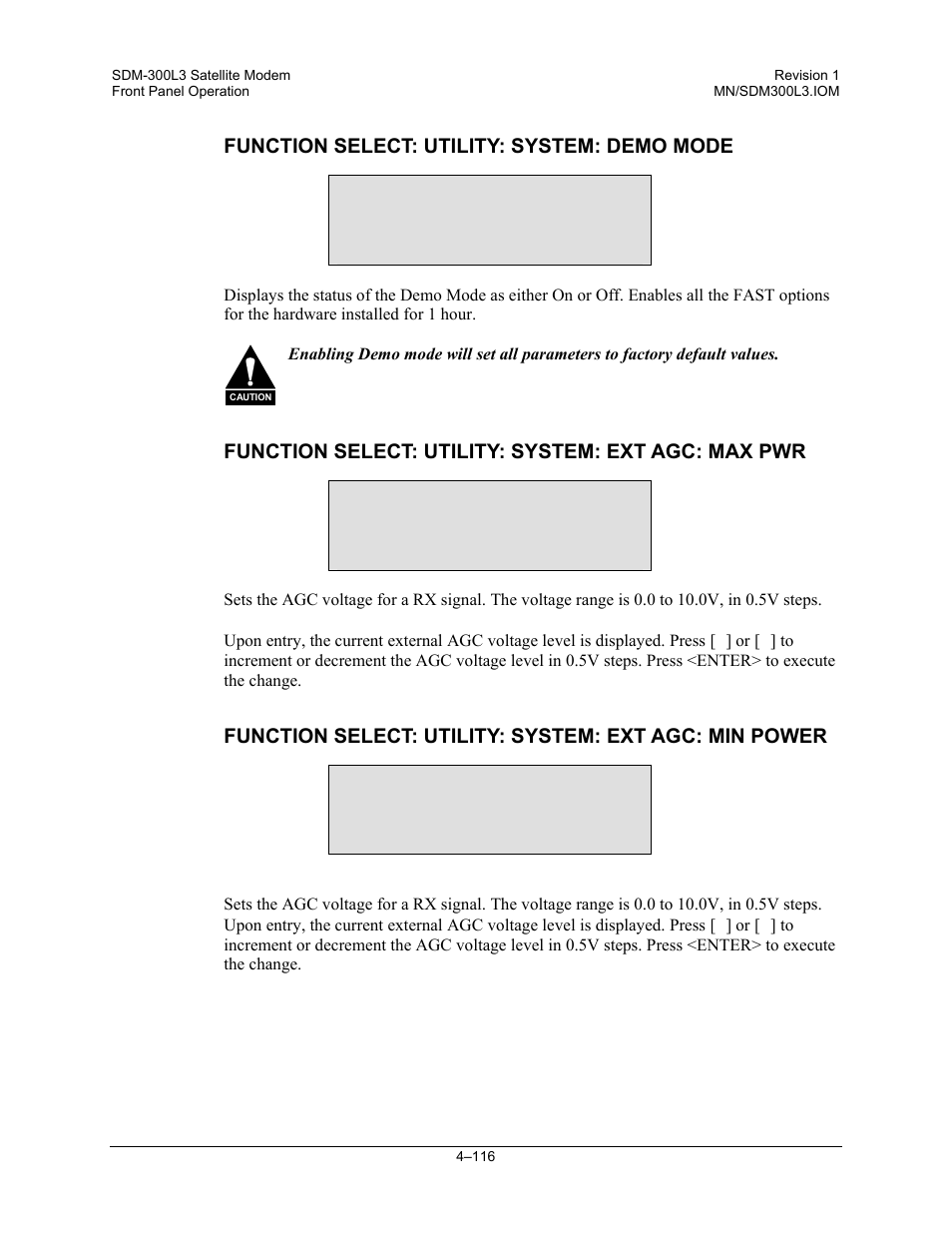 Function select: utility: system: demo mode, Function select: utility: system: ext agc: max pwr | Comtech EF Data SDM-300L3 User Manual | Page 184 / 408