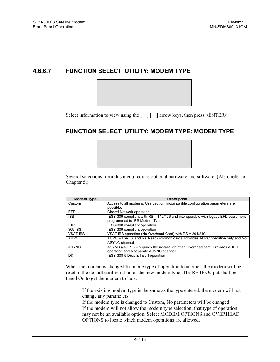 Function select: utility: modem type, Function select: utility: modem type: modem type, Utility modem type | Modem type custom, 7 function select: utility: modem type | Comtech EF Data SDM-300L3 User Manual | Page 186 / 408