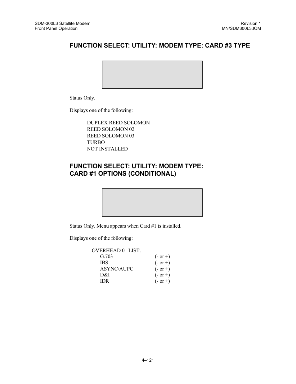 Function select: utility: modem type: card #3 type, Card #3 type reed solomon 02, Card #1 options | Comtech EF Data SDM-300L3 User Manual | Page 189 / 408