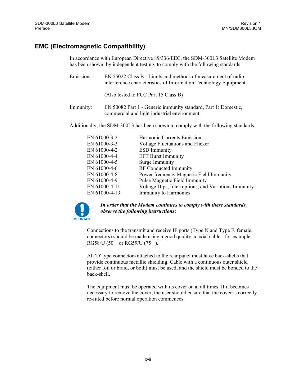 Emc (electromagnetic compatibility) | Comtech EF Data SDM-300L3 User Manual | Page 19 / 408