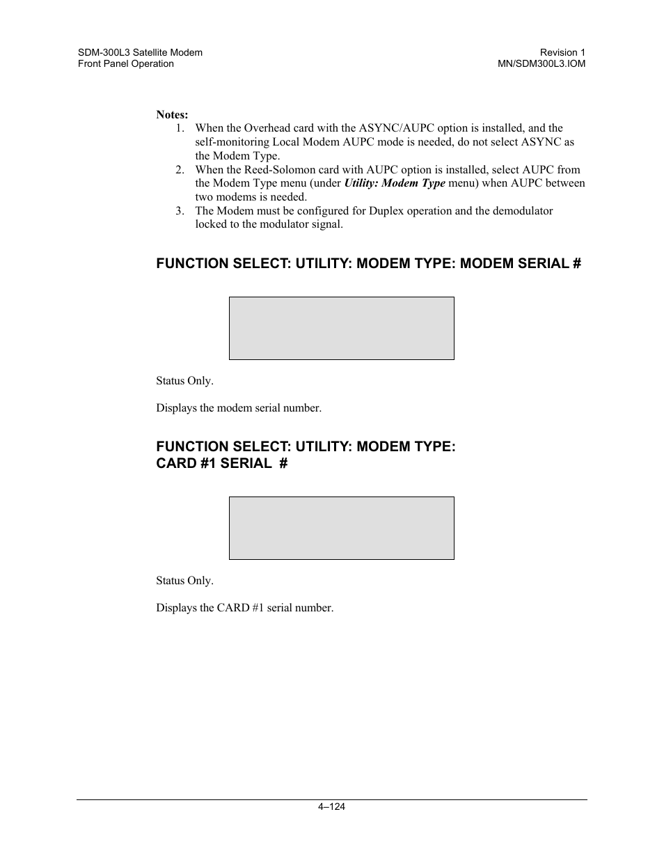 Function select: utility: modem type: modem serial | Comtech EF Data SDM-300L3 User Manual | Page 192 / 408