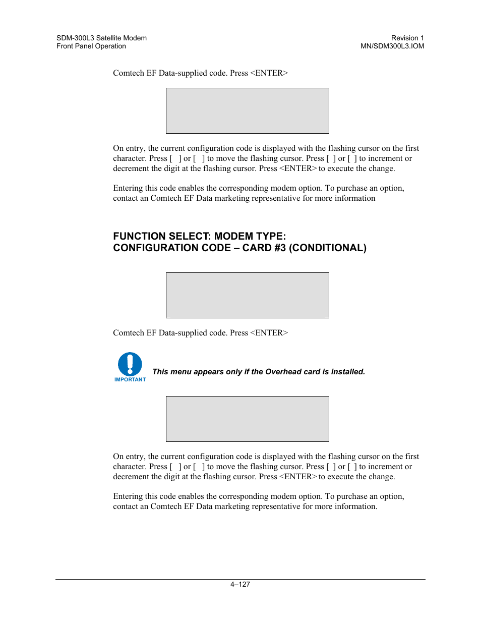 Function select: modem type: configuration code, Configuration code – card #3 | Comtech EF Data SDM-300L3 User Manual | Page 195 / 408