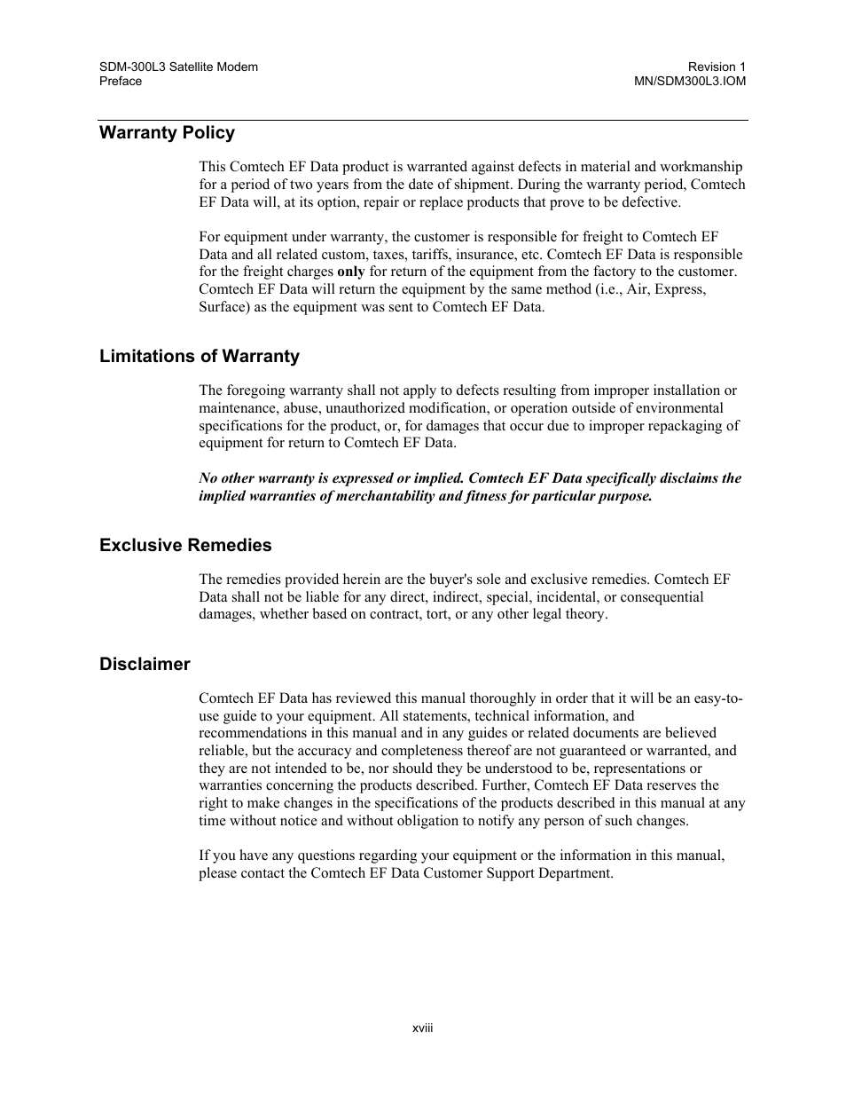 Warranty policy, Limitations of warranty, Exclusive remedies | Disclaimer | Comtech EF Data SDM-300L3 User Manual | Page 20 / 408