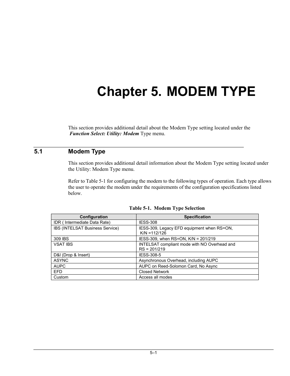 5 modem type, Modem type, Chapter 5 | Comtech EF Data SDM-300L3 User Manual | Page 201 / 408