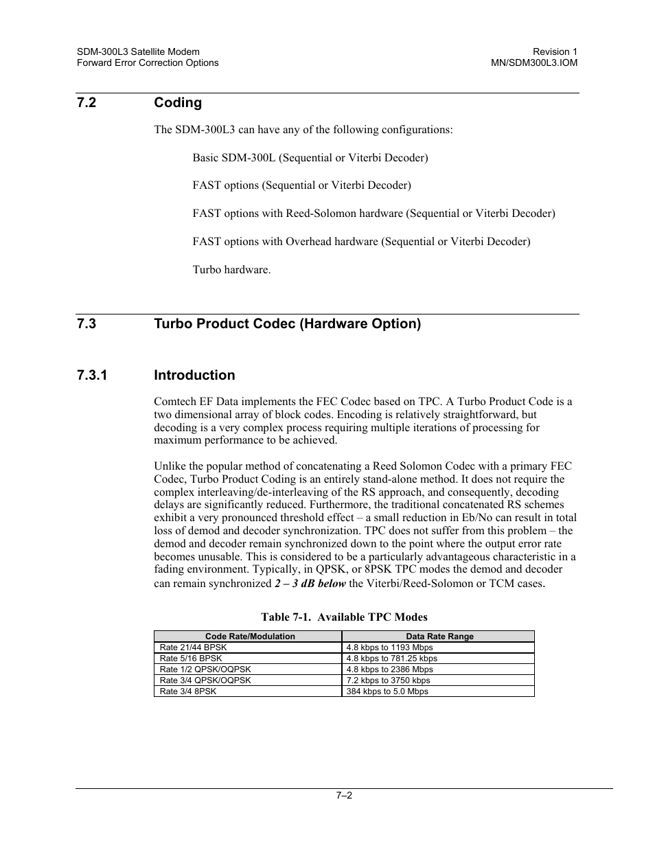 Coding, Turbo product codec (hardware option), Introduction | 2 coding | Comtech EF Data SDM-300L3 User Manual | Page 230 / 408
