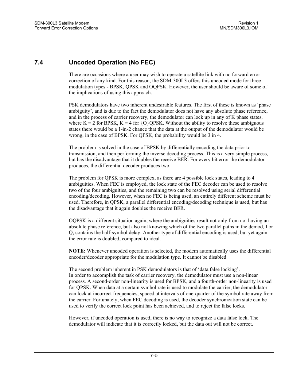 Uncoded operation (no fec), 4 uncoded operation (no fec) | Comtech EF Data SDM-300L3 User Manual | Page 233 / 408