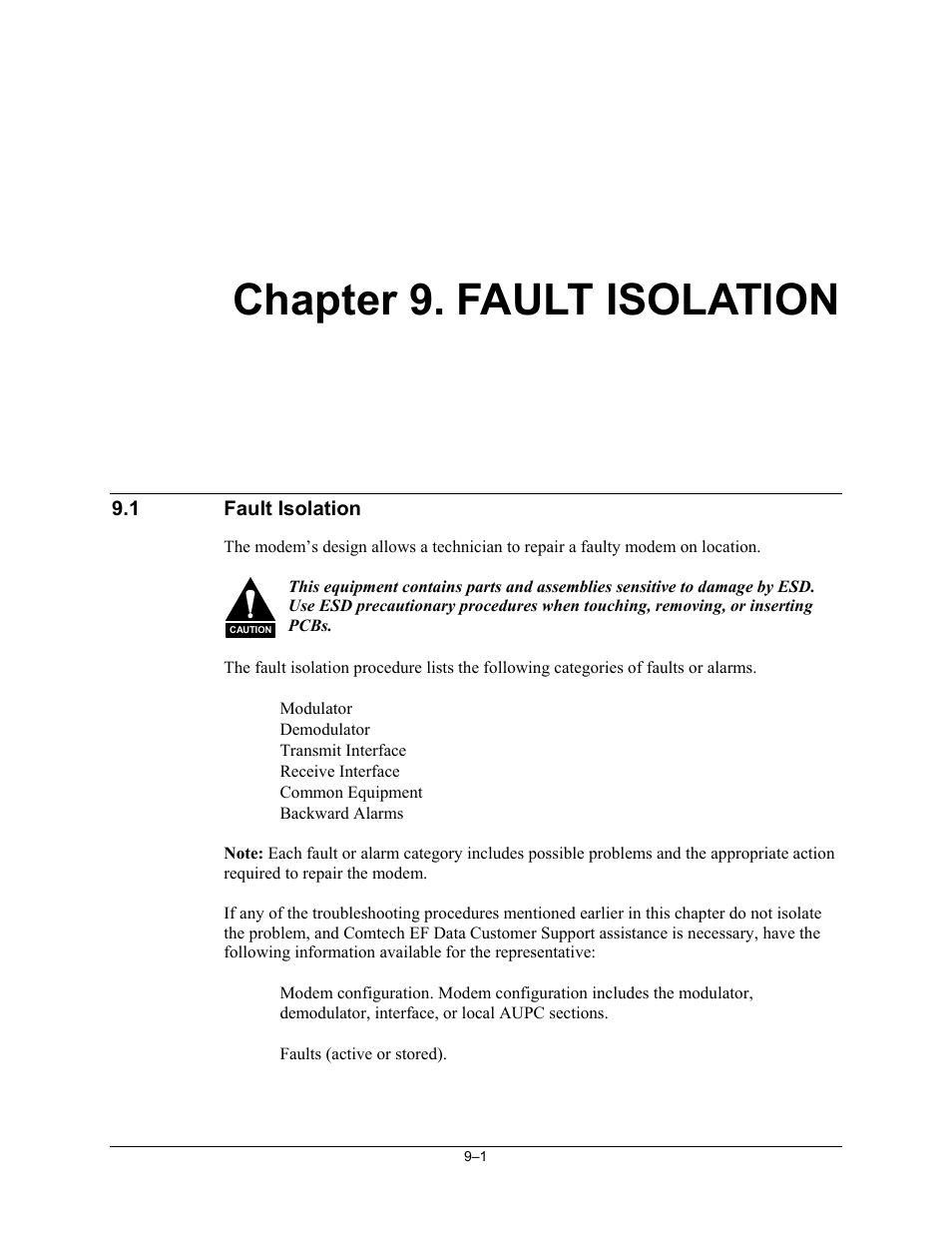 9 fault isolation, Fault isolation, Chapter 9. fault isolation | Comtech EF Data SDM-300L3 User Manual | Page 249 / 408