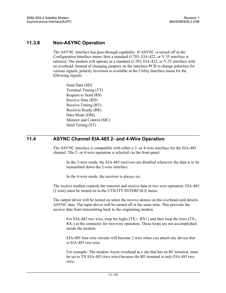 Non-async operation, Async channel eia-485 2- and 4-wire operation | Comtech EF Data SDM-300L3 User Manual | Page 286 / 408