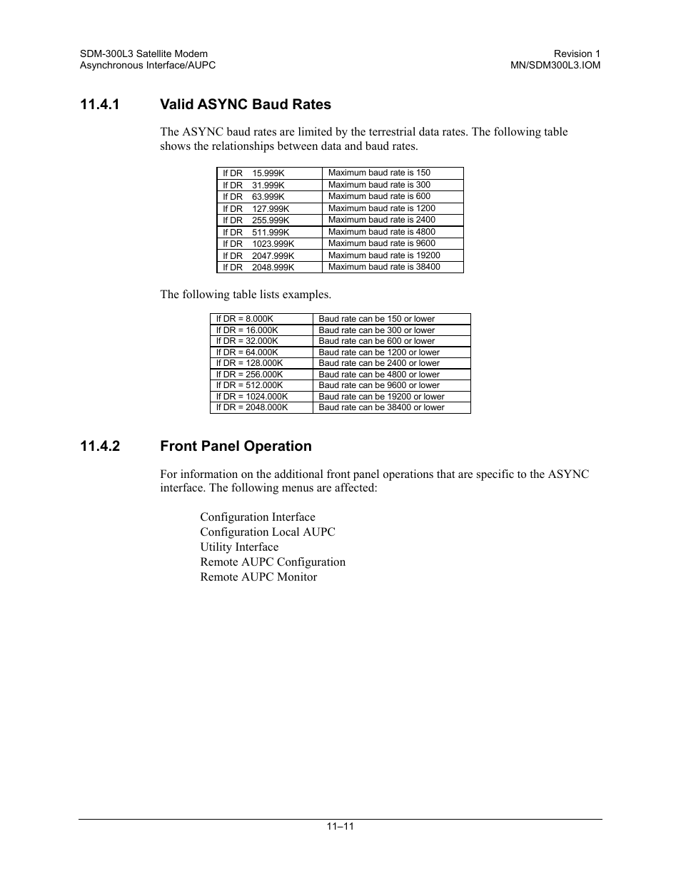 Valid async baud rates, Front panel operation, 1 valid async baud rates | 2 front panel operation | Comtech EF Data SDM-300L3 User Manual | Page 287 / 408