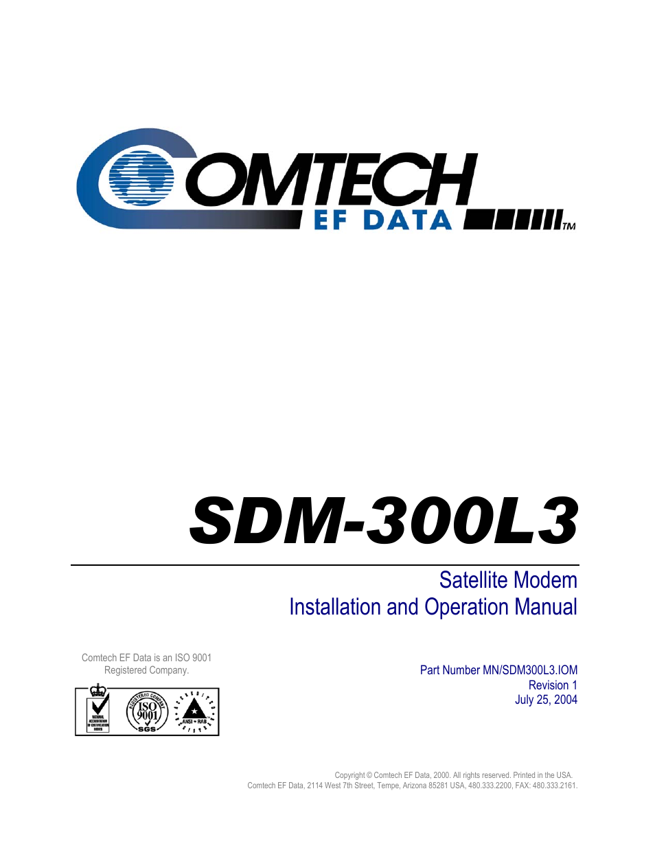Sdm-300l3, Satellite modem installation and operation manual | Comtech EF Data SDM-300L3 User Manual | Page 3 / 408