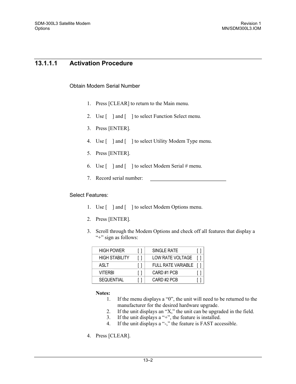 Activation procedure, Obtain modem serial number, Select features | 1 activation procedure | Comtech EF Data SDM-300L3 User Manual | Page 304 / 408