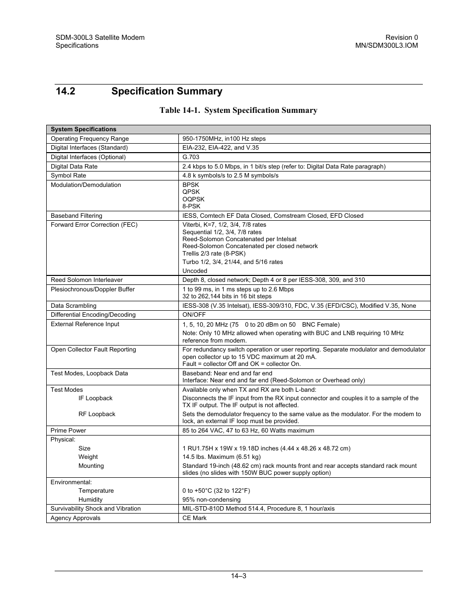 Specification summary, 2 specification summary, Table 14-1. system specification summary | Comtech EF Data SDM-300L3 User Manual | Page 309 / 408