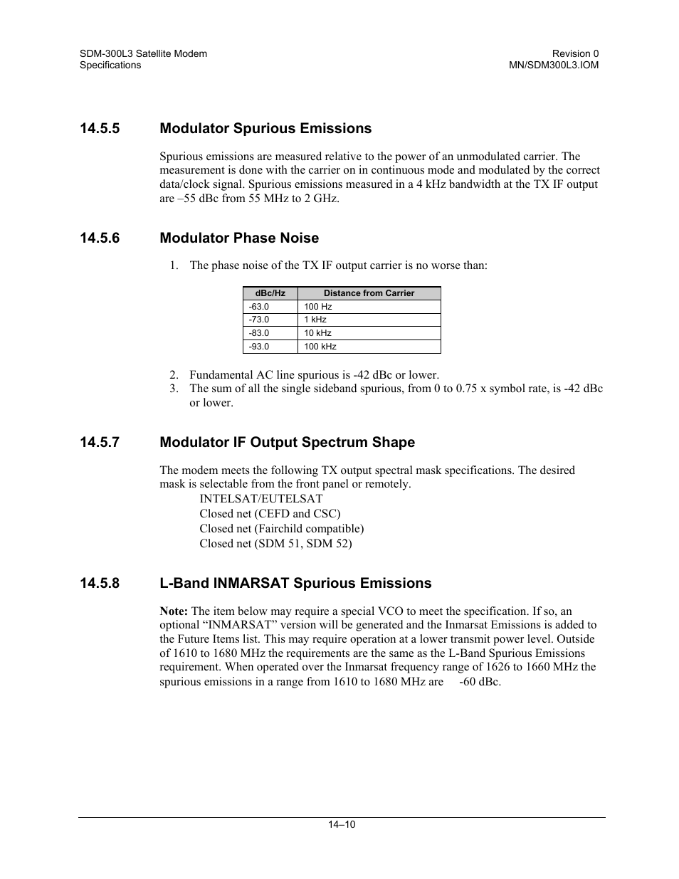 Modulator spurious emissions, Modulator phase noise, Modulator if output spectrum shape | L-band inmarsat spurious emissions, 5 modulator spurious emissions, 6 modulator phase noise, 7 modulator if output spectrum shape, 8 l-band inmarsat spurious emissions | Comtech EF Data SDM-300L3 User Manual | Page 316 / 408