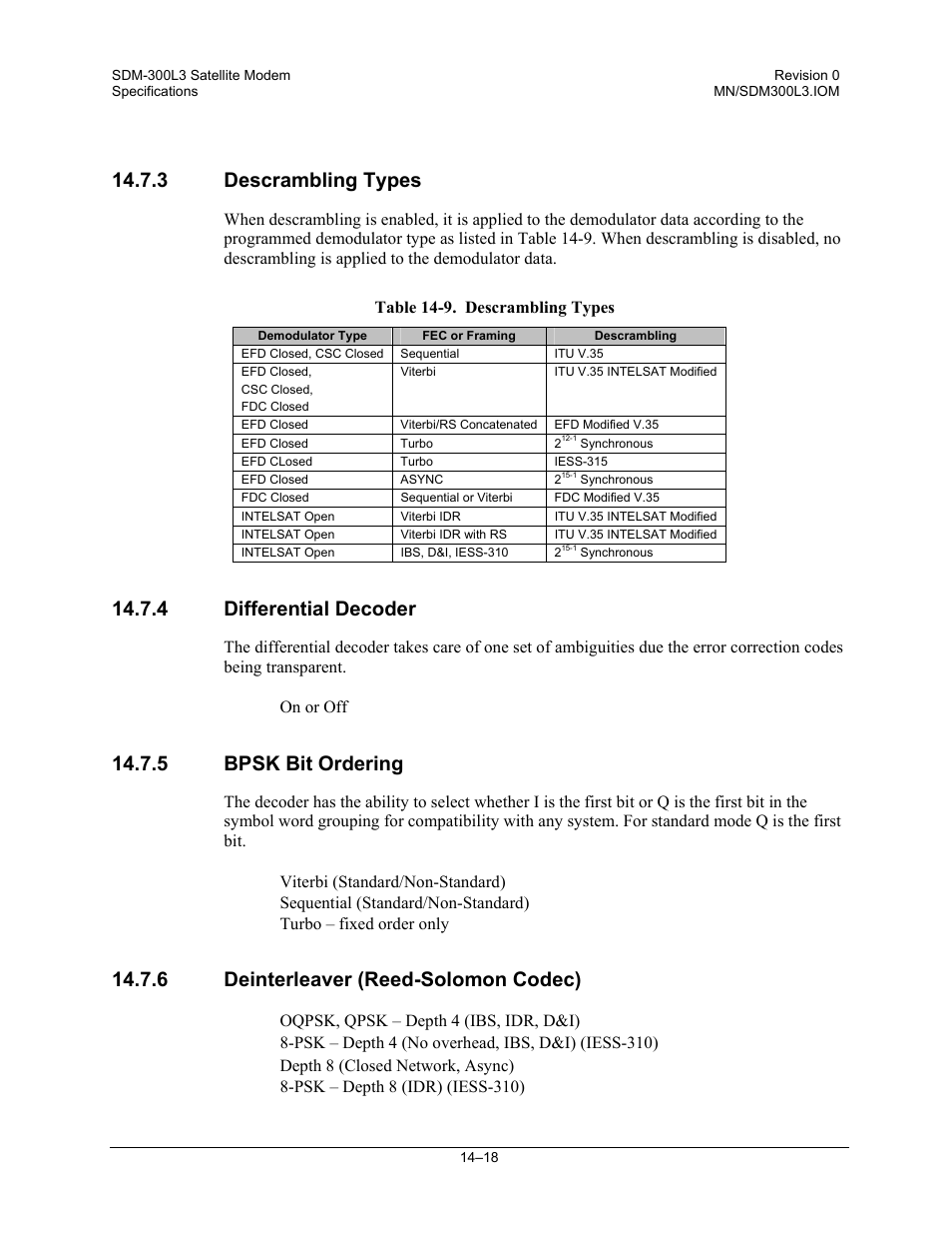 Descrambling types, Differential decoder, Bpsk bit ordering | Deinterleaver (reed-solomon codec), 3 descrambling types, 4 differential decoder, 5 bpsk bit ordering, 6 deinterleaver (reed-solomon codec) | Comtech EF Data SDM-300L3 User Manual | Page 324 / 408