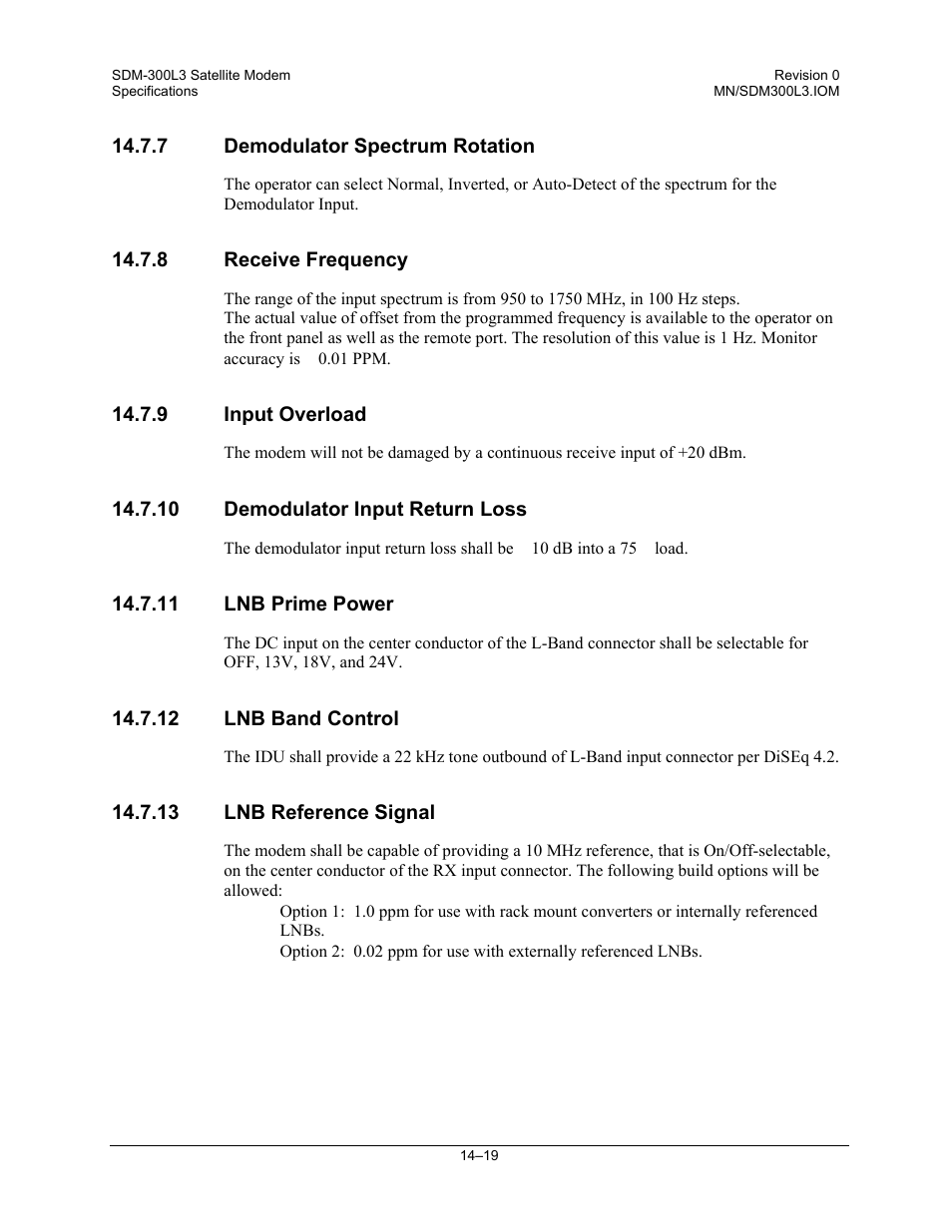 Demodulator spectrum rotation, Receive frequency, Input overload | Demodulator input return loss, Lnb prime power, Lnb band control, Lnb reference signal | Comtech EF Data SDM-300L3 User Manual | Page 325 / 408