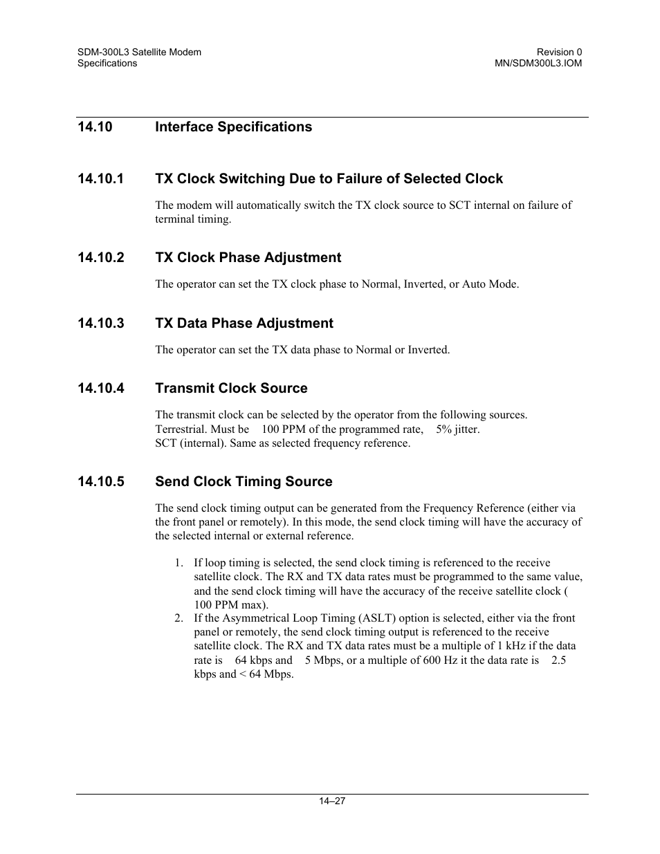 Interface specifications, Tx clock phase adjustment, Tx data phase adjustment | Transmit clock source, Send clock timing source | Comtech EF Data SDM-300L3 User Manual | Page 333 / 408