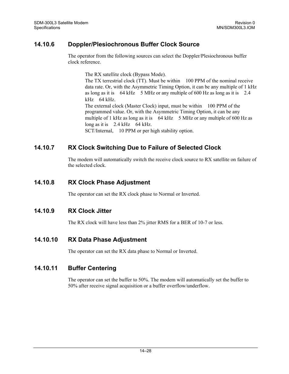 Doppler/plesiochronous buffer clock source, Rx clock phase adjustment, Rx clock jitter | Rx data phase adjustment, Buffer centering | Comtech EF Data SDM-300L3 User Manual | Page 334 / 408