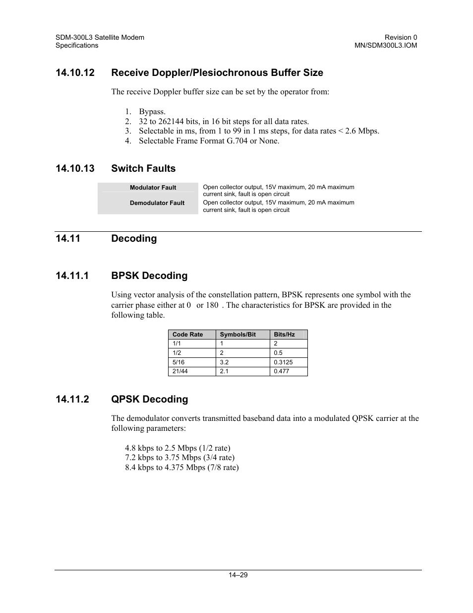 Receive doppler/plesiochronous buffer size, Switch faults, Decoding | Bpsk decoding, Qpsk decoding, 12 receive doppler/plesiochronous buffer size, 13 switch faults, 2 qpsk decoding | Comtech EF Data SDM-300L3 User Manual | Page 335 / 408