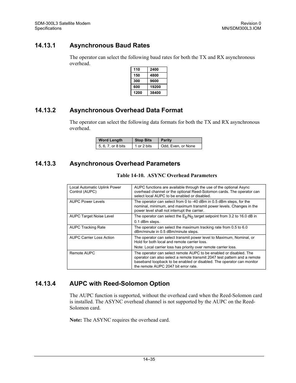 Asynchronous baud rates, Asynchronous overhead data format, Asynchronous overhead parameters | Aupc with reed-solomon option, 1 asynchronous baud rates, 2 asynchronous overhead data format, 3 asynchronous overhead parameters, 4 aupc with reed-solomon option | Comtech EF Data SDM-300L3 User Manual | Page 341 / 408