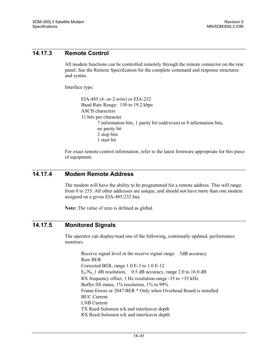 Remote control, Modem remote address, Monitored signals | Comtech EF Data SDM-300L3 User Manual | Page 347 / 408