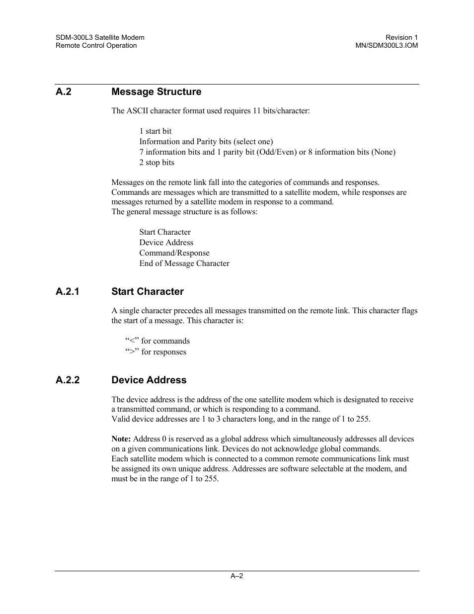 Message structure, Start character, Device address | Comtech EF Data SDM-300L3 User Manual | Page 354 / 408