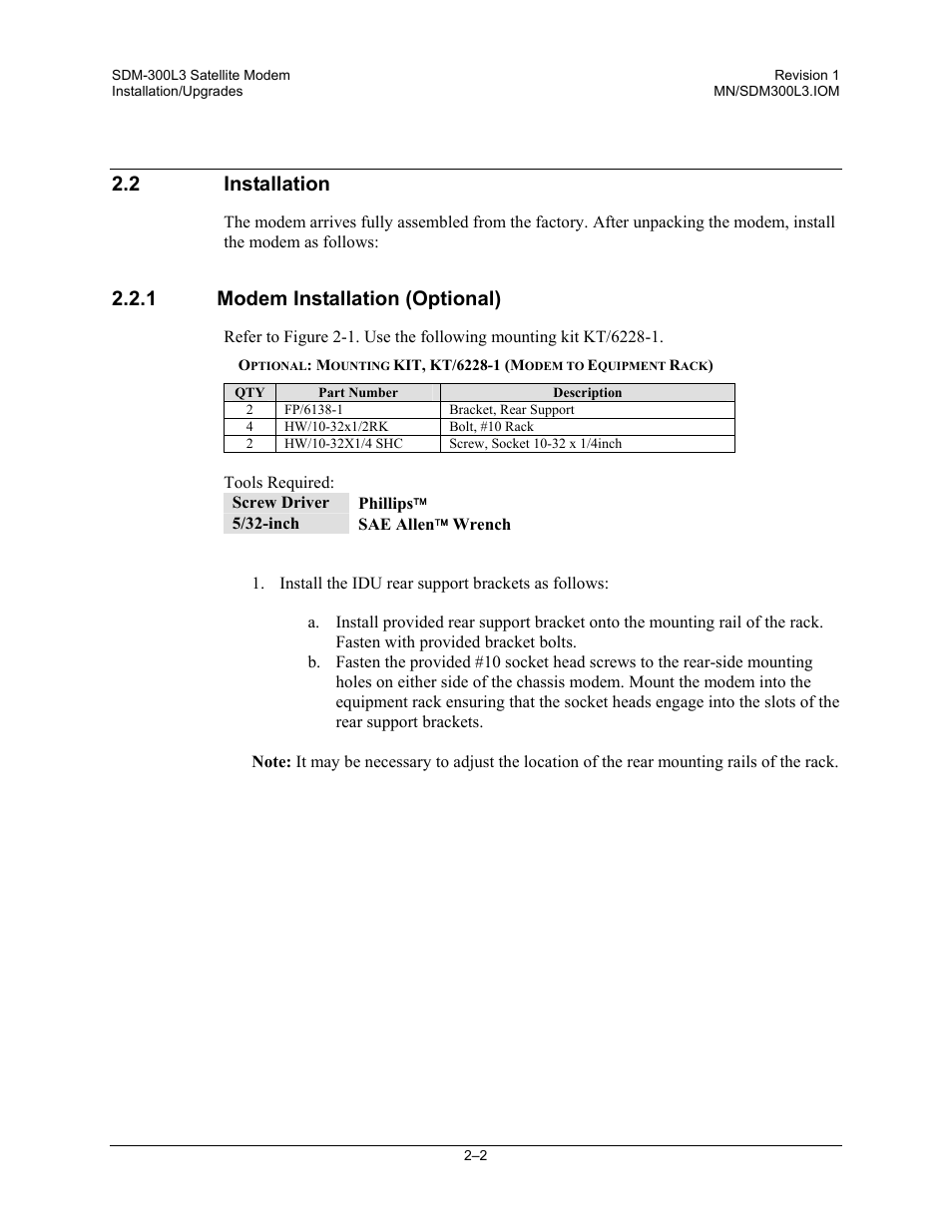 Installation, Modem installation (optional), 2 installation | 1 modem installation (optional) | Comtech EF Data SDM-300L3 User Manual | Page 38 / 408