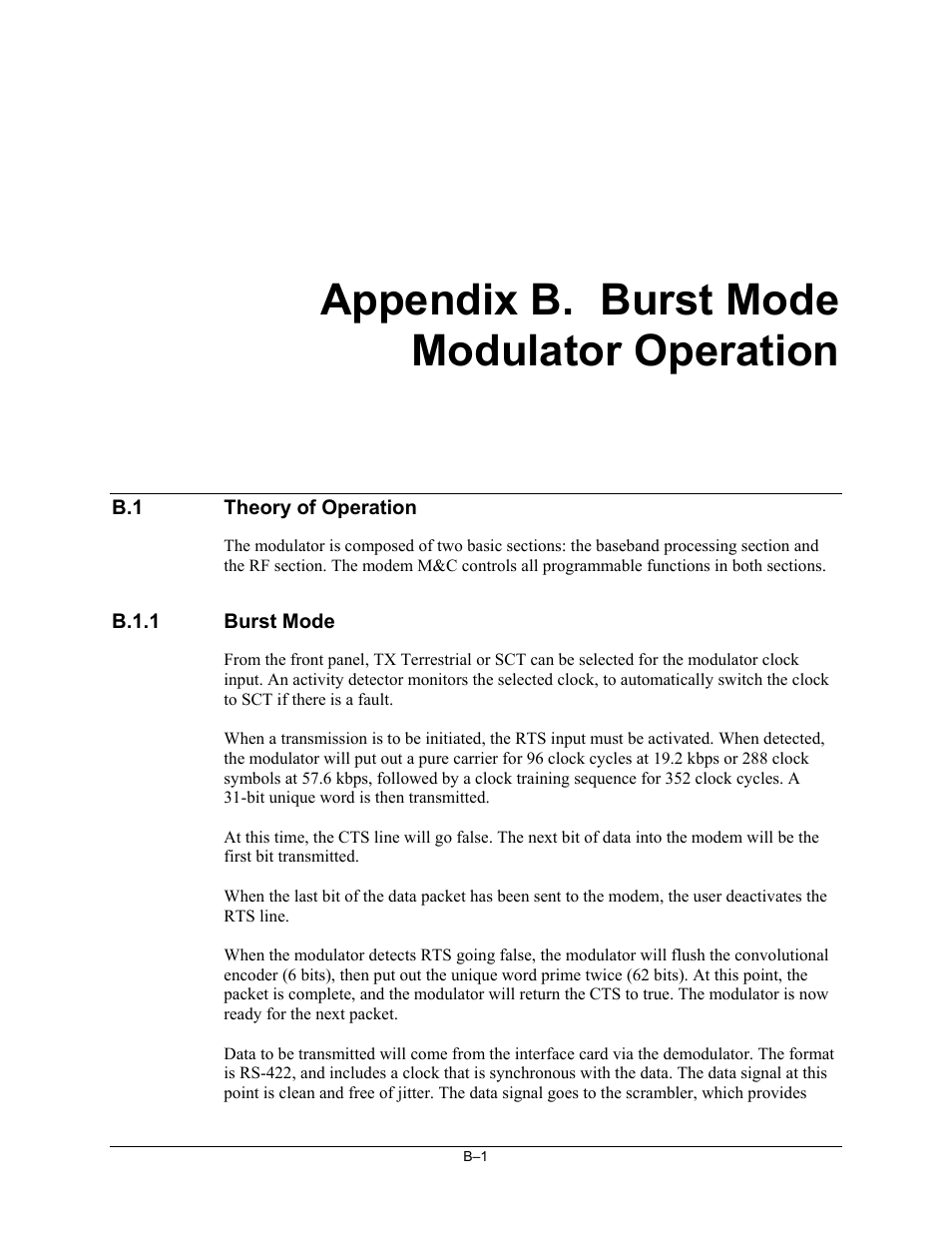 B. burst mode modulator operation, Theory of operation, Burst mode | Appendix b. burst mode modulator operation | Comtech EF Data SDM-300L3 User Manual | Page 399 / 408