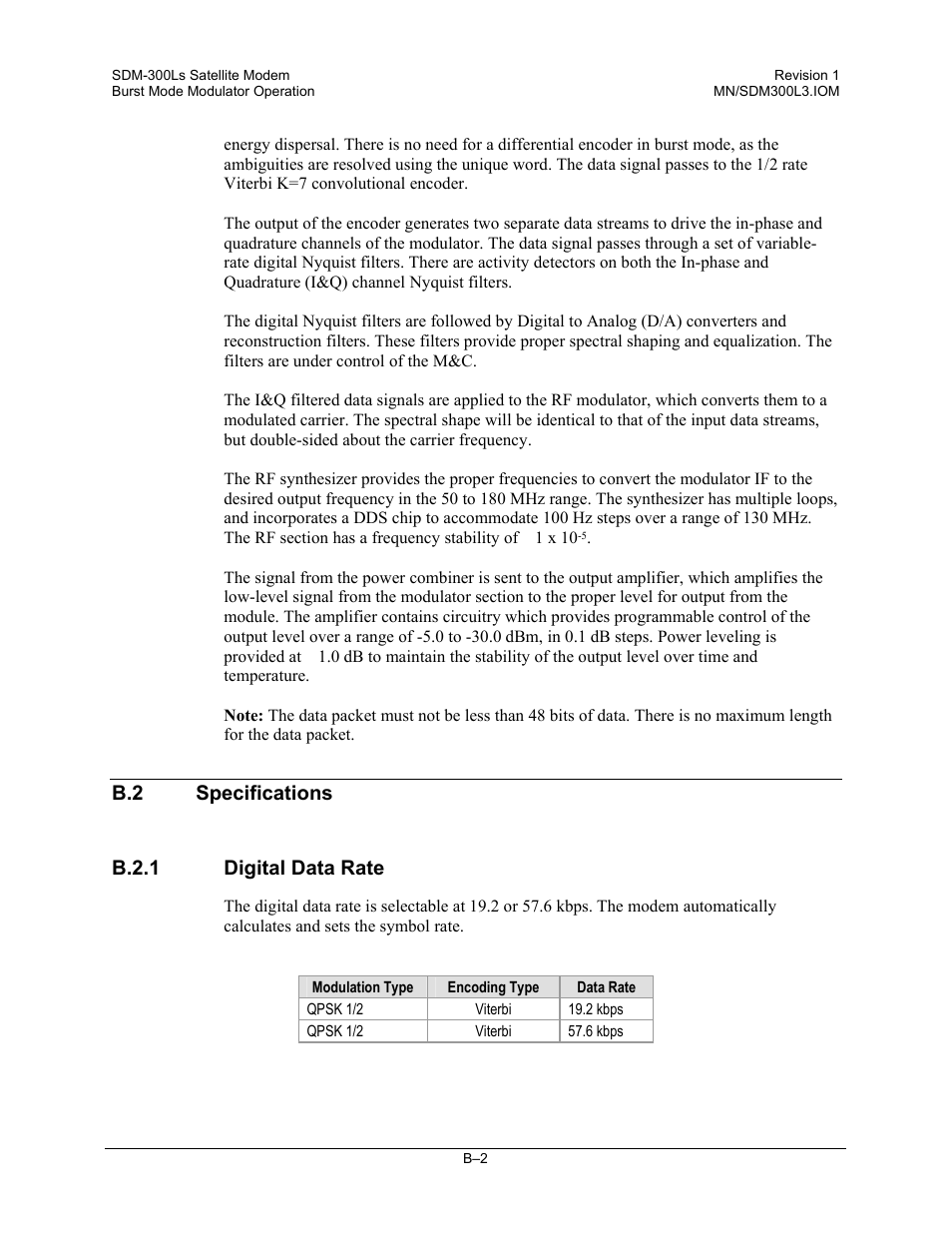 Specifications, Digital data rate, B.2 specifications b.2.1 digital data rate | Comtech EF Data SDM-300L3 User Manual | Page 400 / 408