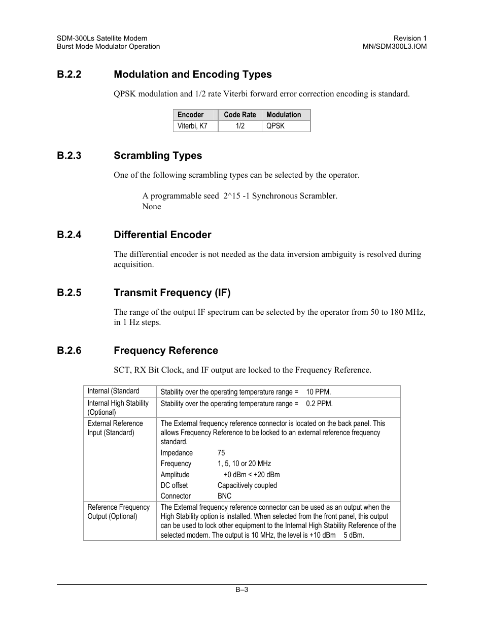 Modulation and encoding types, Scrambling types, Differential encoder | Transmit frequency (if), Frequency reference, B.2.2 modulation and encoding types, B.2.3 scrambling types, B.2.4 differential encoder, B.2.5 transmit frequency (if), B.2.6 frequency reference | Comtech EF Data SDM-300L3 User Manual | Page 401 / 408