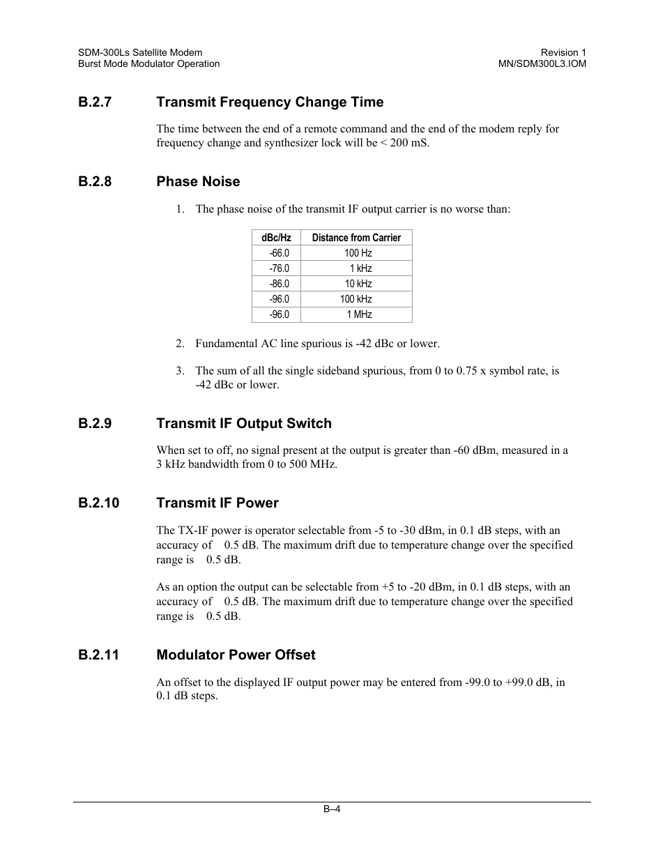 Transmit frequency change time, Phase noise, Transmit if output switch | Transmit if power, Modulator power offset | Comtech EF Data SDM-300L3 User Manual | Page 402 / 408