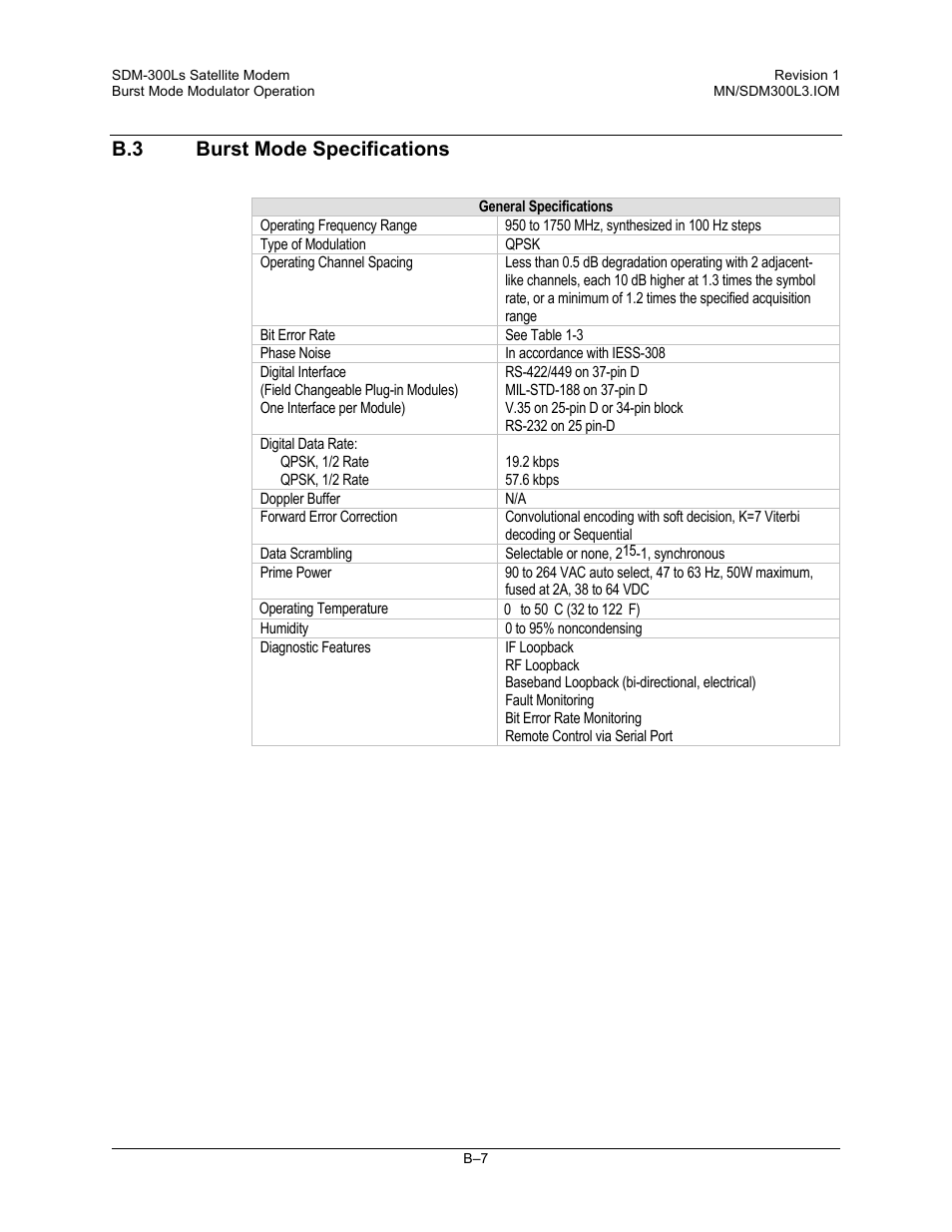Burst mode specifications, B.3 burst mode specifications | Comtech EF Data SDM-300L3 User Manual | Page 405 / 408