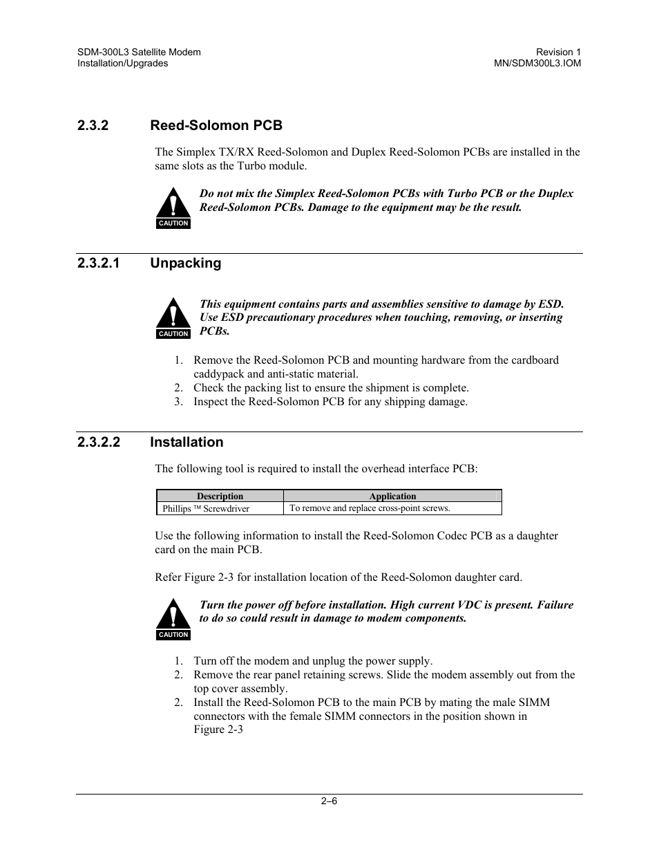 Reed-solomon pcb, Unpacking, Installation | 2 reed-solomon pcb, 1 unpacking, 2 installation | Comtech EF Data SDM-300L3 User Manual | Page 42 / 408