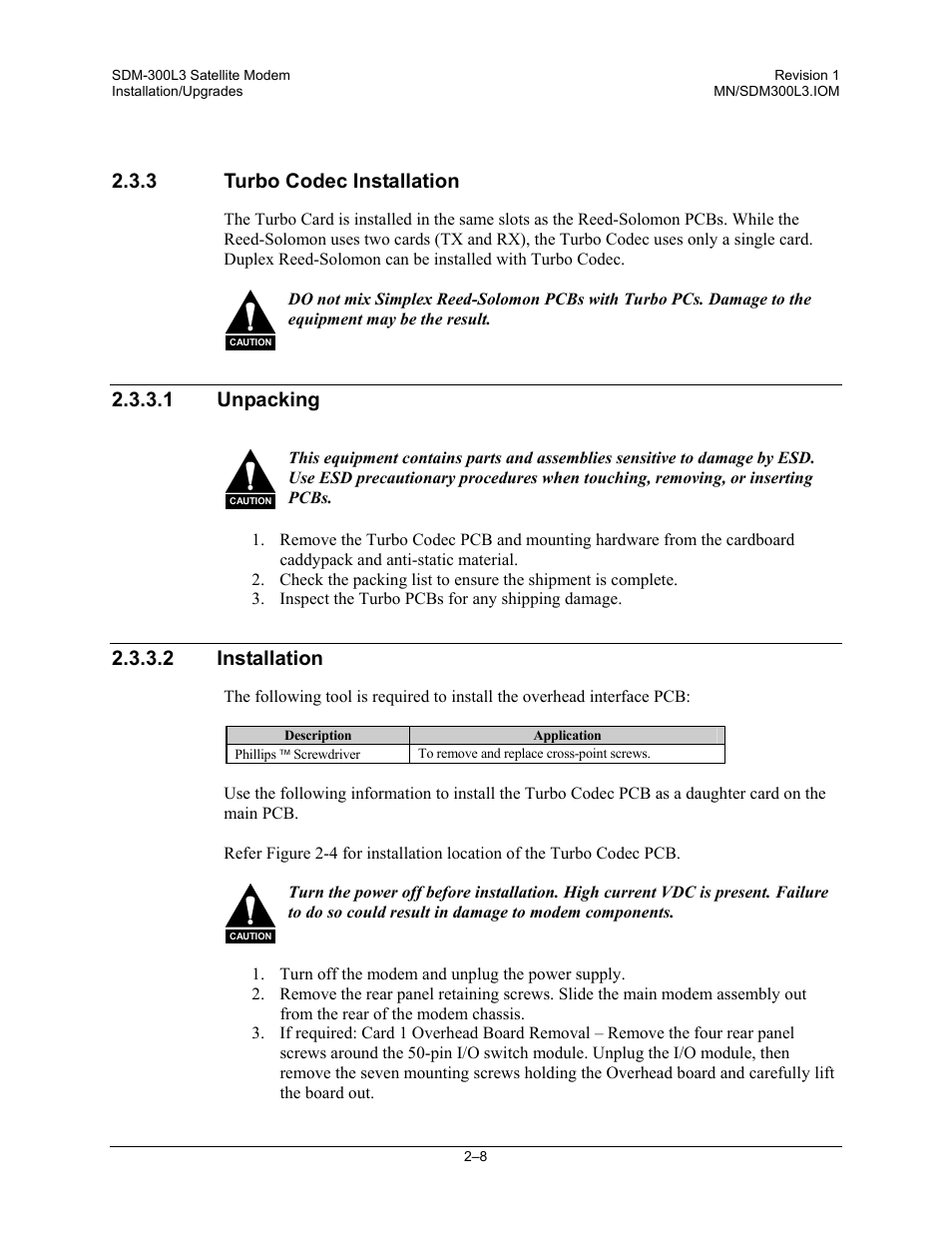 Turbo codec installation, Unpacking, Installation | 3 turbo codec installation, 1 unpacking, 2 installation | Comtech EF Data SDM-300L3 User Manual | Page 44 / 408