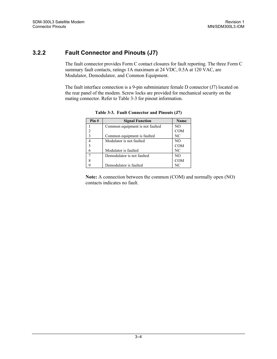 Fault connector and pinouts (j7), 2 fault connector and pinouts (j7) | Comtech EF Data SDM-300L3 User Manual | Page 58 / 408